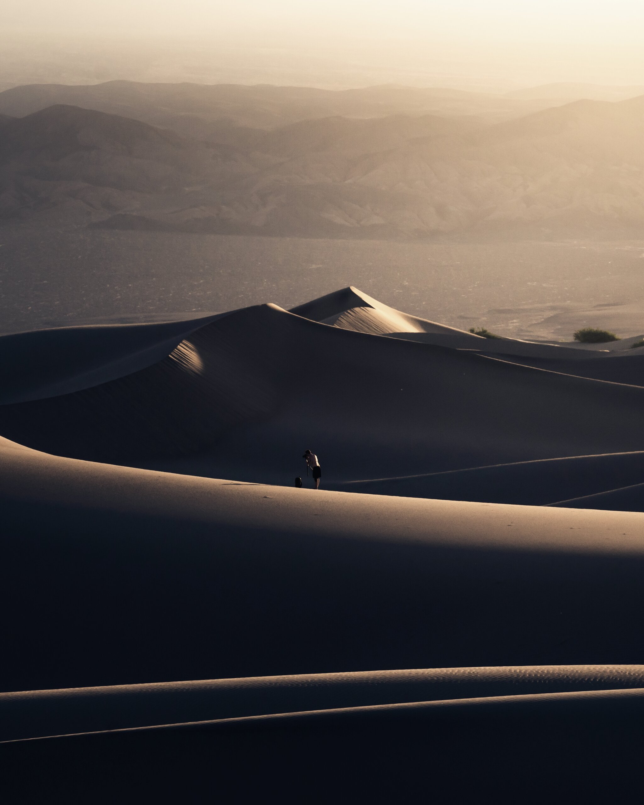 A lone photographer — small in the frame — working in vast sand dunes at late light, distant mountains hazed in warm atmosphere.