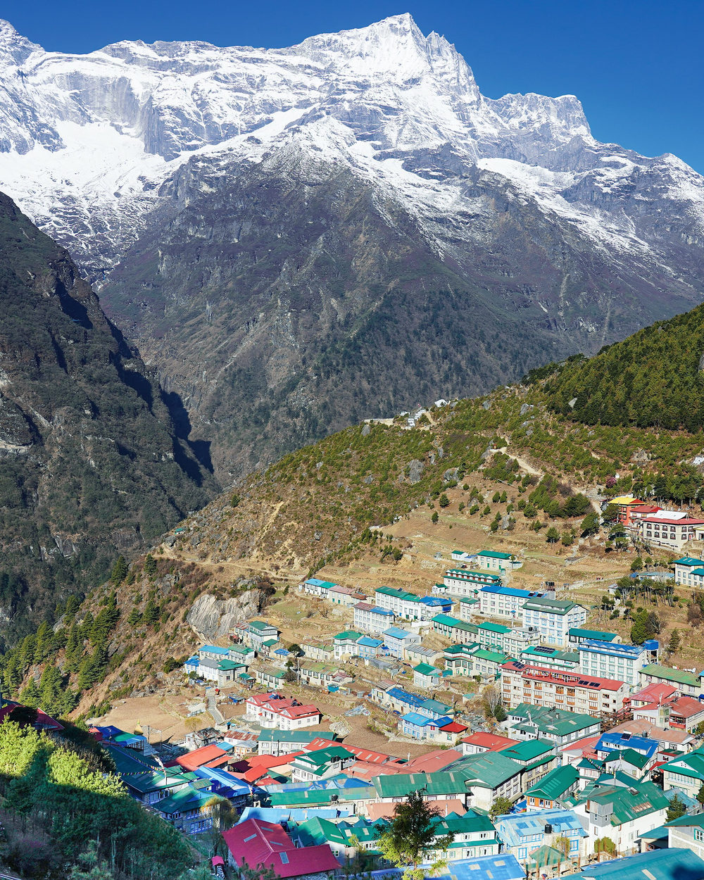 Namche Bazaar built in a horseshoe of terraces beneath the snow face of Kongde Ri.