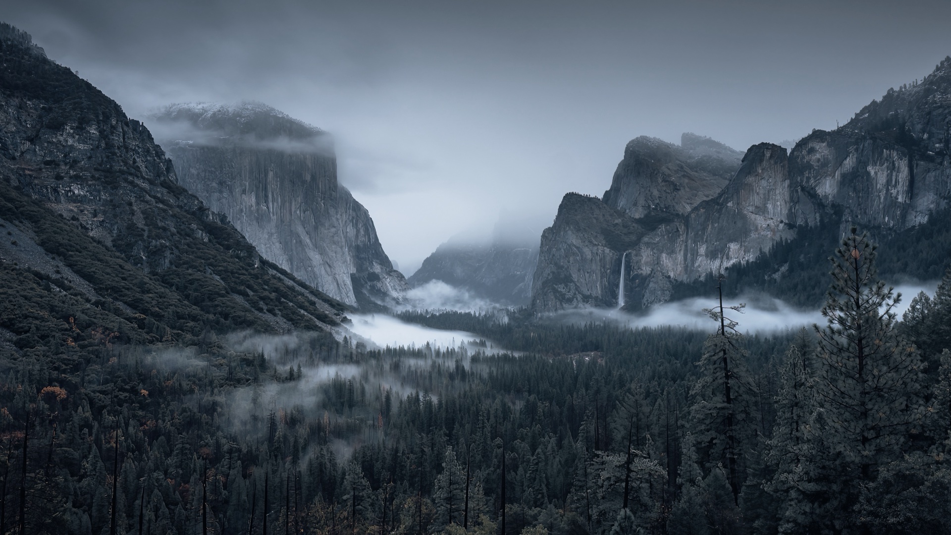 Yosemite Valley under fog and dark cloud at first light, viewed from Tunnel View.